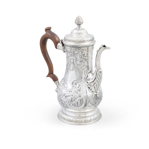 411 - AN IRISH PROVINCIAL SILVER BALUSTER COFFEE POT,  Cork c.1770, maker's mark of John Nicholson, the hi... 