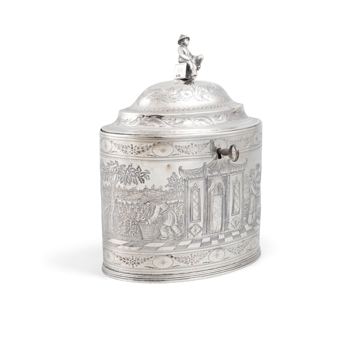 415 - AN IRISH GEORGE III SILVER TEA CADDY,  London c.1795, maker's mark of Peter & Ann Bateman, of oval f... 