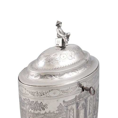 415 - AN IRISH GEORGE III SILVER TEA CADDY,  London c.1795, maker's mark of Peter & Ann Bateman, of oval f... 