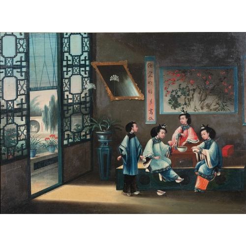 425 - CHINESE SCHOOL, 19TH CENTURY  Depicting an Interior Scene with Ladies Taking Tea Oil on canvas, 45 x... 