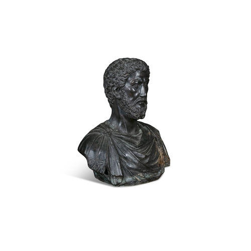 427 - A BRONZE SIZE BUST OF MARCUS AURELIUS,   modelled forward facing and wearing a paludamentum, fastene... 