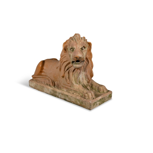 429 - A SCOTTISH VICTORIAN PAINTED TERRACOTTA RECUMBANT LION BY FERGUSLIE BROWN & SON,   inset with stamp ... 