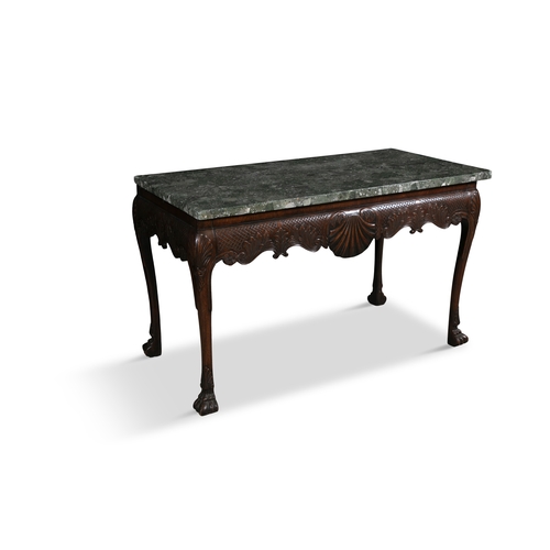 438 - AN IRISH MAHOGANY SIDE TABLE LATE 19TH CENTURY,   the green breccia marble top above a plain frieze ... 