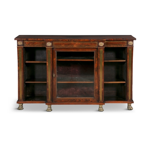 445A - A REGENCY BRASS INLAID ROSEWOOD BREAKFRONT BOOKCASE,  the shaped rectangular top above a frieze with... 