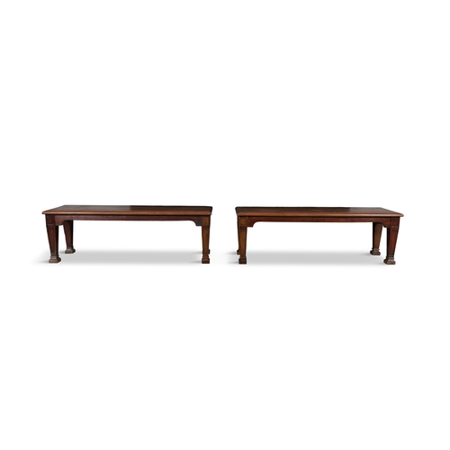 451 - A PAIR OF GEORGE IV OAK LONG BENCHES  of oblong shape on square tapering legs with block feet 46cm h... 