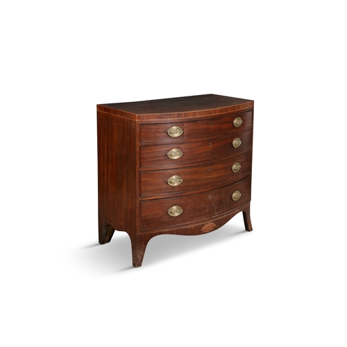 468 - A GEORGE IV INLAID MAHOGANY BOWFRONT CHEST,   with four graduated drawers, oval brass handles and ra... 