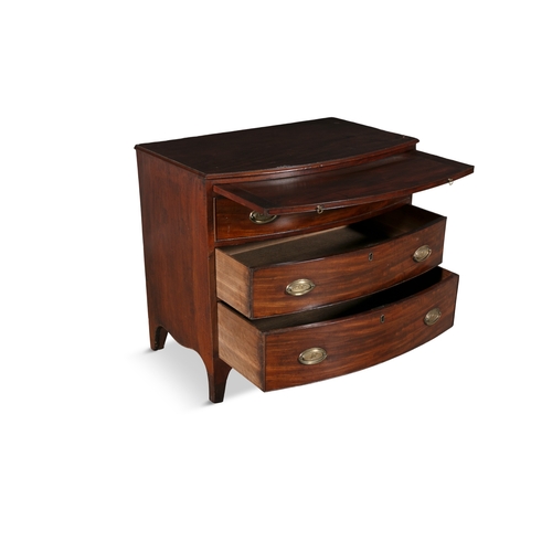 468 - A GEORGE IV INLAID MAHOGANY BOWFRONT CHEST,   with four graduated drawers, oval brass handles and ra... 