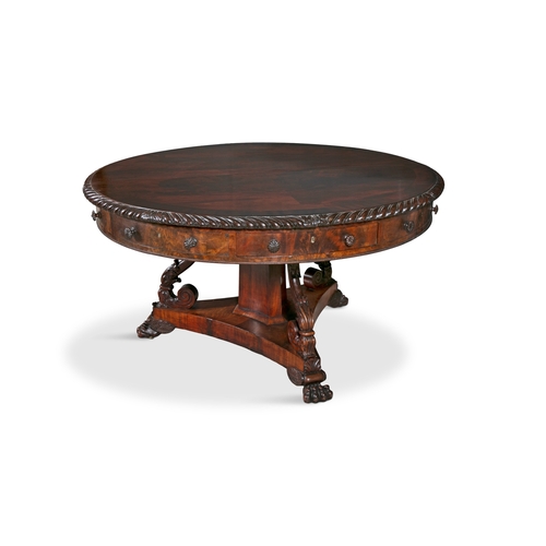 470 - AN IRISH WILLIAM IV MAHOGANY AND CROSS BANDED CIRCULAR DRUM TABLE,  the moulded top with gadrooned e... 