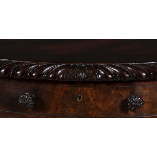 470 - AN IRISH WILLIAM IV MAHOGANY AND CROSS BANDED CIRCULAR DRUM TABLE,  the moulded top with gadrooned e... 