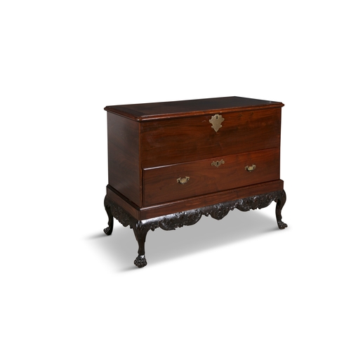 471 - AN IRISH GEORGE III MAHOGANY AND BRASS MOUNTED BLANKET CHEST ON STAND,   the hinged solid panel top ... 