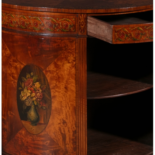 473 - A PAIR OF GEORGE III STYLE PAINTED SATINWOOD DEMI-LUNE CUPBOARDS,  the figured mahogany top painted ... 