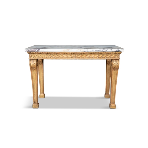 479 - A PAIR OF GILTWOOD AND MARBLE TOP CONSOLE TABLES IN THE STYLE OF WILLIAM KENT,  the white variegated... 