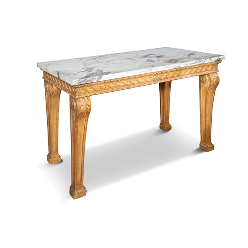 479 - A PAIR OF GILTWOOD AND MARBLE TOP CONSOLE TABLES IN THE STYLE OF WILLIAM KENT,  the white variegated... 