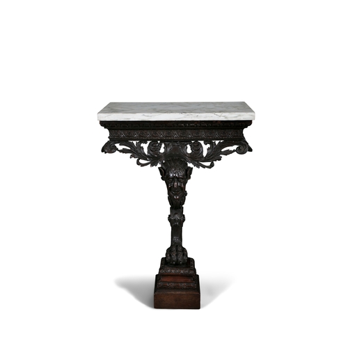 482 - A PAIR OF IRISH GEORGE II STYLE CARVED MAHOGANY VEINED WHITE MARBLE TOP CONSOLE TABLES,  each fitted... 