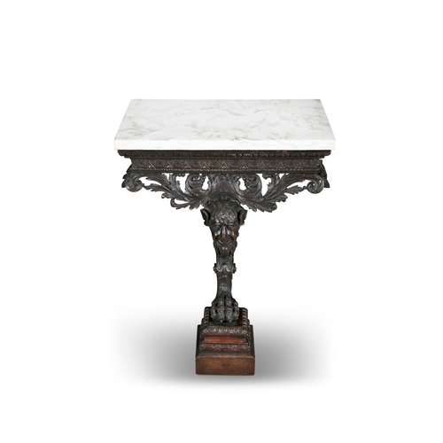 482 - A PAIR OF IRISH GEORGE II STYLE CARVED MAHOGANY VEINED WHITE MARBLE TOP CONSOLE TABLES,  each fitted... 