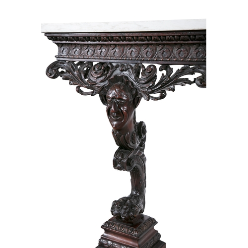 482 - A PAIR OF IRISH GEORGE II STYLE CARVED MAHOGANY VEINED WHITE MARBLE TOP CONSOLE TABLES,  each fitted... 