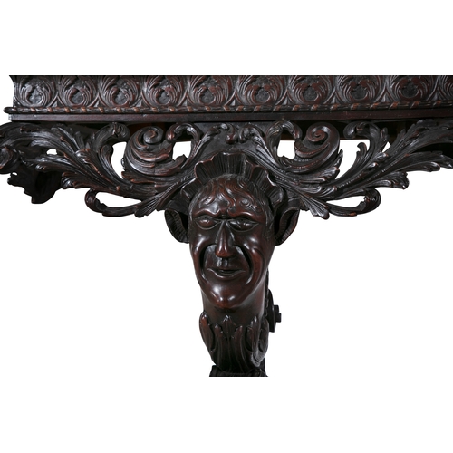 482 - A PAIR OF IRISH GEORGE II STYLE CARVED MAHOGANY VEINED WHITE MARBLE TOP CONSOLE TABLES,  each fitted... 