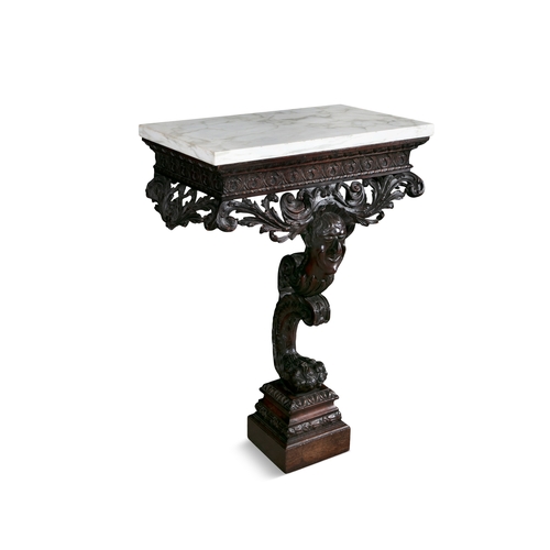 482 - A PAIR OF IRISH GEORGE II STYLE CARVED MAHOGANY VEINED WHITE MARBLE TOP CONSOLE TABLES,  each fitted... 