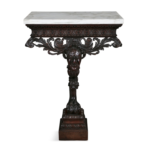 482 - A PAIR OF IRISH GEORGE II STYLE CARVED MAHOGANY VEINED WHITE MARBLE TOP CONSOLE TABLES,  each fitted... 