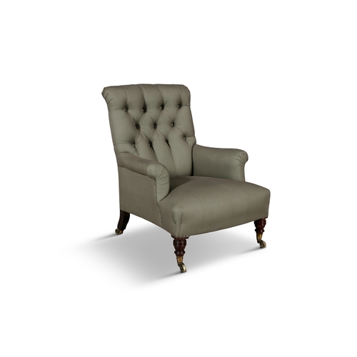 488 - A BUTTON BACK ARMCHAIR BY HOWARD & SONS,   upholstered in moss green fabric, ring tuned mahogany sup... 