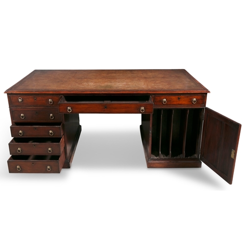 490 - A GEORGE IV MAHOGANY TWIN PEDESTAL PARTNER'S DESK,   of rectangular form with tooled brown leather i... 