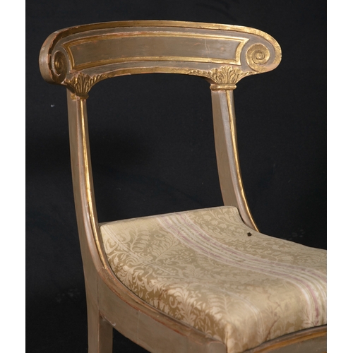 491 - A SET OF SIX WILLIAM IV PAINTED AND PARCEL GILT DINING CHAIRS,  each with curved scroll-end tablet b... 