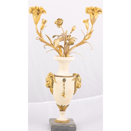 492 - A PAIR OF LOUIS XVI ORMOLU AND MARBLE CANDELABRA,    Each with white marble urn and ram's mask handl... 