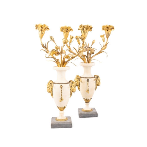 492 - A PAIR OF LOUIS XVI ORMOLU AND MARBLE CANDELABRA,    Each with white marble urn and ram's mask handl... 