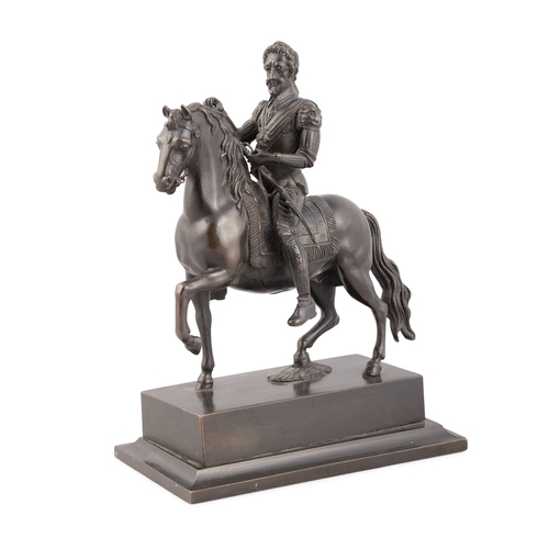 497 - AFTER PIETRO TACCA BRONZE FIGURE OF HENRY IV ON HORSEBACK 19TH CENTURY   modelled in full armour sit... 