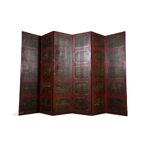 501 - A CHINOISERIE SIX PANEL LAQUERED FOLDING SCREEN 19TH CENTURY,   one side painted with two figures am... 