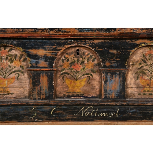 502 - AN ITALIAN PAINTED AND CARVED OAK COFFER, 17TH CENTURY   of rectangular shape with lift top, the fro... 