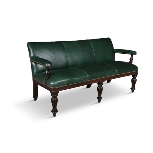 515 - A MAHOGANY FRAMED BILLIARD SETTEE 19TH CENTURY,  the back, seat and arms covered in close-nailed gre... 