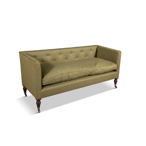 516 - A MAHOGANY SQUARE-FRAMED SOFA19TH CENTURY,  with a long loose squab cushion, upholstered in green fa... 