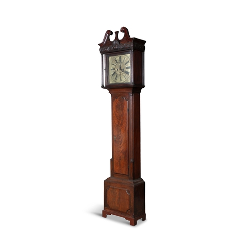 524 - AN IRISH MAHOGANY CASED LONGCASE CLOCK BY MARSHALL OF DUBLIN,  the arched hood with broken swan neck... 