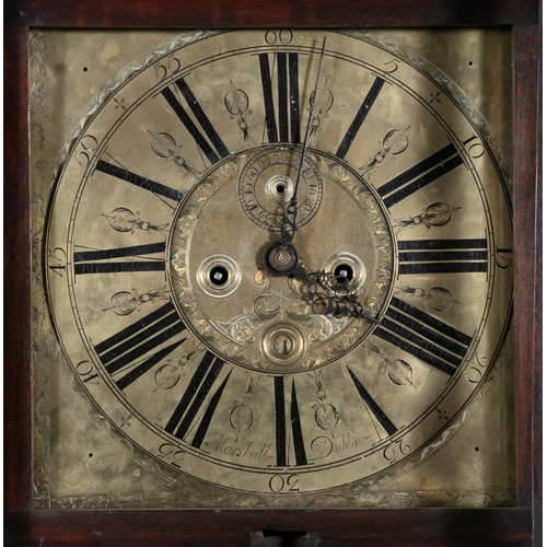 524 - AN IRISH MAHOGANY CASED LONGCASE CLOCK BY MARSHALL OF DUBLIN,  the arched hood with broken swan neck... 