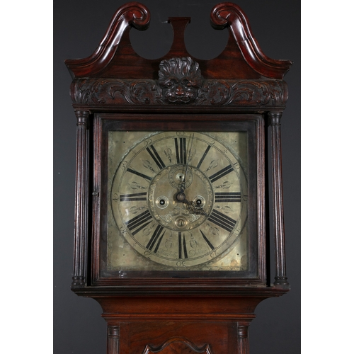 524 - AN IRISH MAHOGANY CASED LONGCASE CLOCK BY MARSHALL OF DUBLIN,  the arched hood with broken swan neck... 