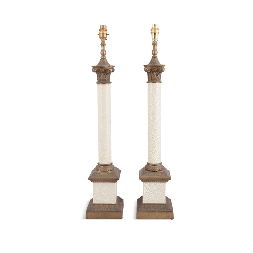 534 - A PAIR OF 20TH CENTURY BRASS MOUNTED PAINTED COLUMN TABLE LAMPS,  each with cast Corinthian capitals... 