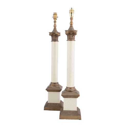 534 - A PAIR OF 20TH CENTURY BRASS MOUNTED PAINTED COLUMN TABLE LAMPS,  each with cast Corinthian capitals... 