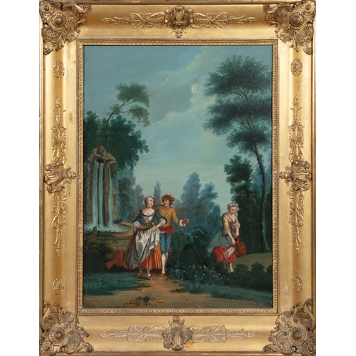 537 - FRENCH SCHOOL 19TH CENTURY Lovers in a formal garden with fountain and girl watering flowers Oil on ... 