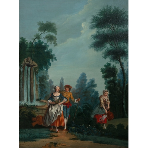 537 - FRENCH SCHOOL 19TH CENTURY Lovers in a formal garden with fountain and girl watering flowers Oil on ... 