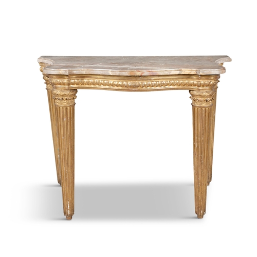 538 - AN ITALIAN GILTWOOD AND MARBLE TOP SERPENTINE CONSOLE TABLE, 18TH CENTURY,   the pink marble top wit... 