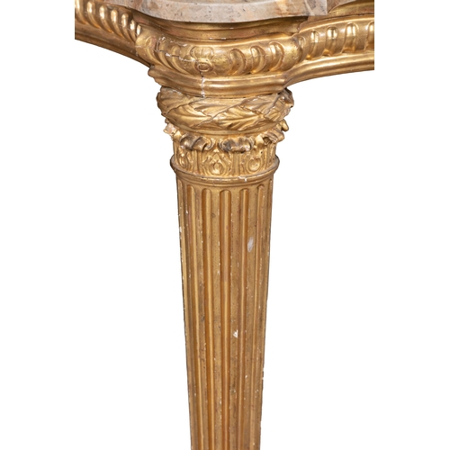 538 - AN ITALIAN GILTWOOD AND MARBLE TOP SERPENTINE CONSOLE TABLE, 18TH CENTURY,   the pink marble top wit... 