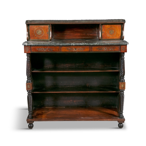 539 - AN IRISH REGENCY ROSEWOOD AND BRASS INLAID CHIFFONIER,   the superstructure with a pierced three-qua... 