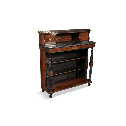 539 - AN IRISH REGENCY ROSEWOOD AND BRASS INLAID CHIFFONIER,   the superstructure with a pierced three-qua... 