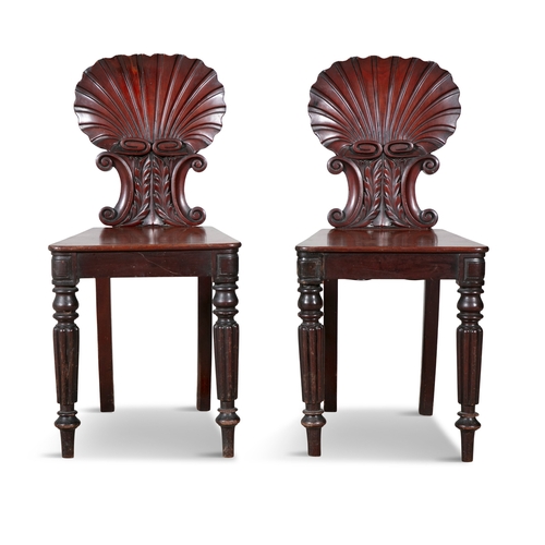 542 - A PAIR OF GEORGE IV MAHOGANY HALL CHAIRS,  with carved scallop shell backs raised on opposing scroll... 