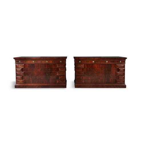 562 - A PAIR OF CONTINENTAL MAHOGANY CROSS BANDED RECTANGULAR COMMODES 19TH CENTURY,  The figured top abov... 