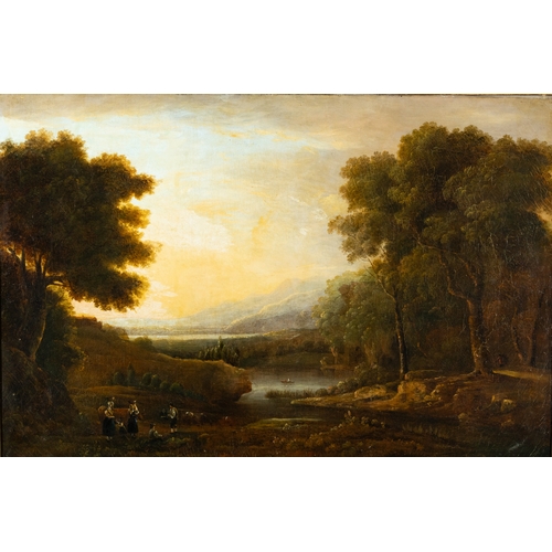 566 - IRISH SCHOOL, LATE 18TH/EARLY 19TH CENTURY A wooded landscape with mountains and beyond a lake  Oil ... 