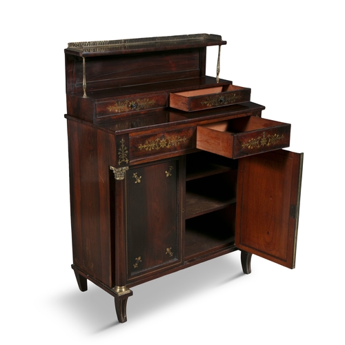 567 - AN IRISH LATE REGENCY ROSEWOOD AND BRASS INLAID CHIFFONIER,  the superstructure with a pierced three... 