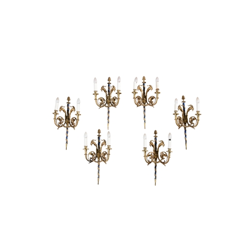 568 - A SET OF SIX FRENCH ORMOLU AND BLUE ENAMEL TWO-BRANCH WALLSCONCES, c.1900,   finely cast with acorn ... 