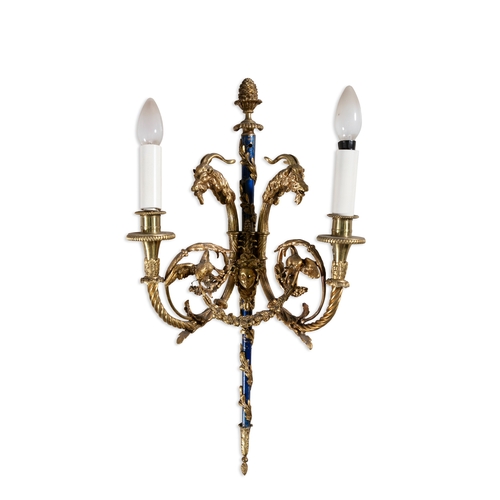 568 - A SET OF SIX FRENCH ORMOLU AND BLUE ENAMEL TWO-BRANCH WALLSCONCES, c.1900,   finely cast with acorn ... 